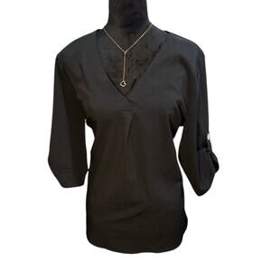 Women’s Black Button Sleeve V-Neck Top– Size XL, Lightweight & Stylish, EUC